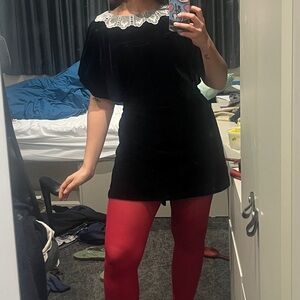 Black Velvet Mini Dress with Lace Collar